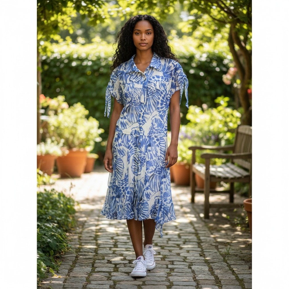 Amanda Uprichard Blue White Seashell Print Button Down Midi Dress Size Medium